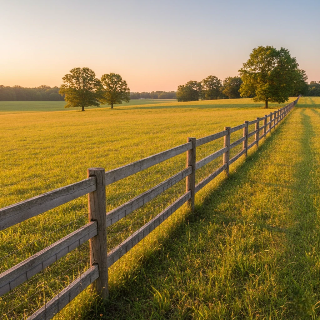 Ranch fence enclosing a cattle pasture with wire and treated wooden posts in Mississippi