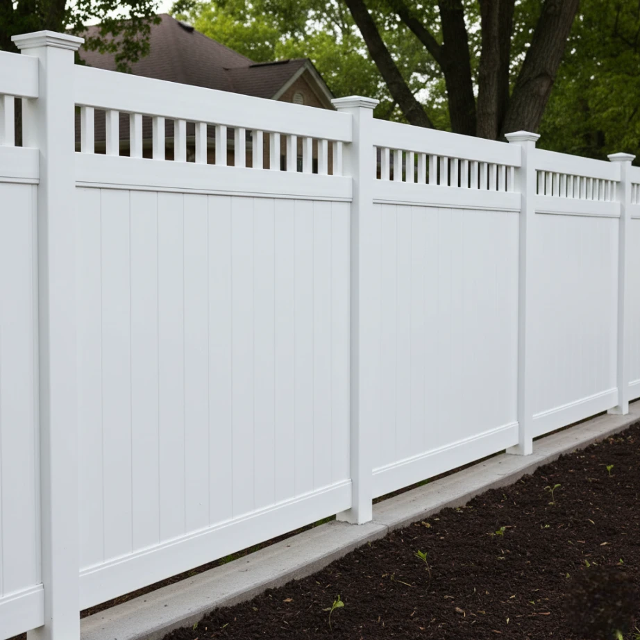 White vinyl privacy fence installation on residential lot in Starkville, Oktibbeha County MS
