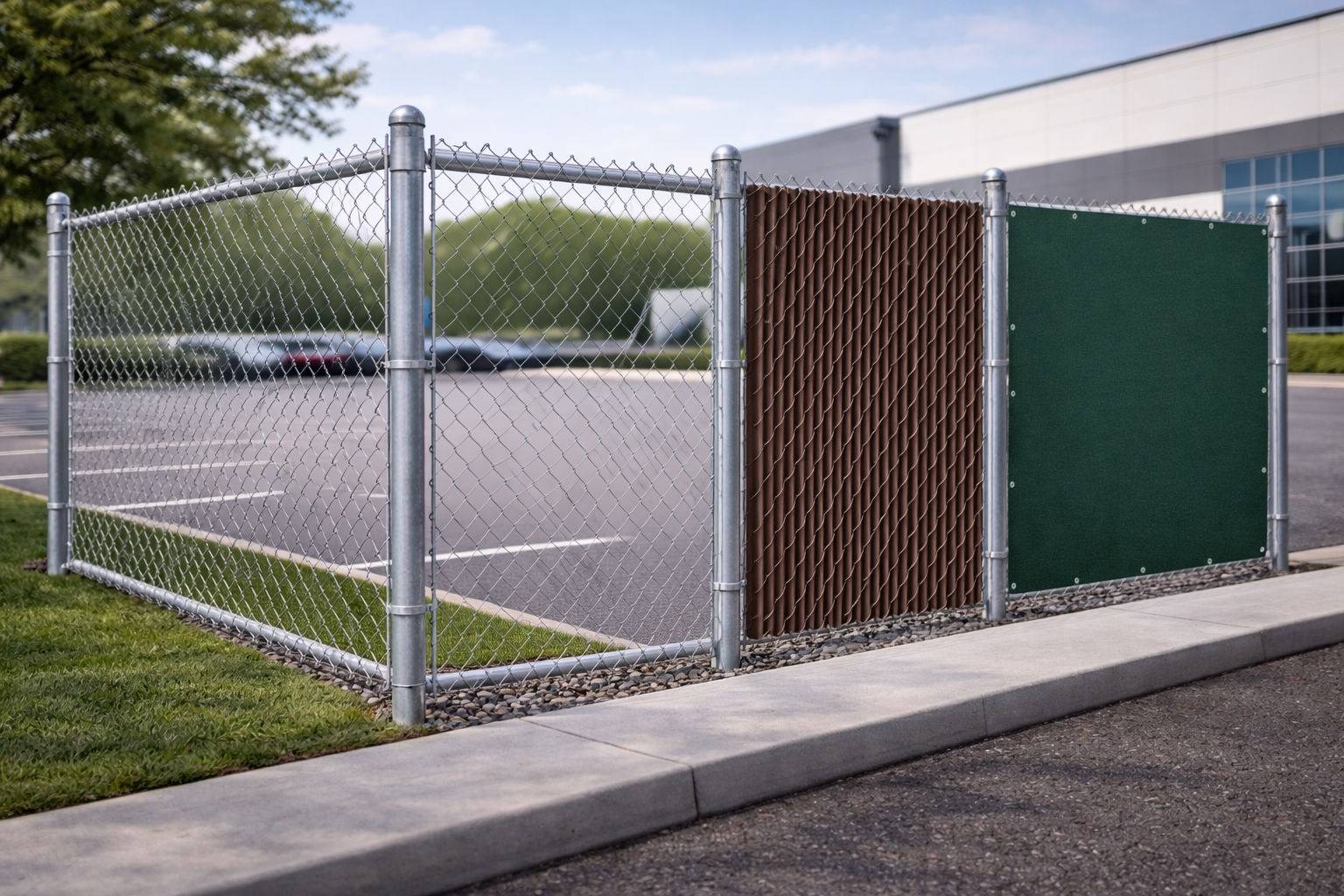 Chain link fence with privacy slat inserts reducing visibility while keeping a durable mesh structure