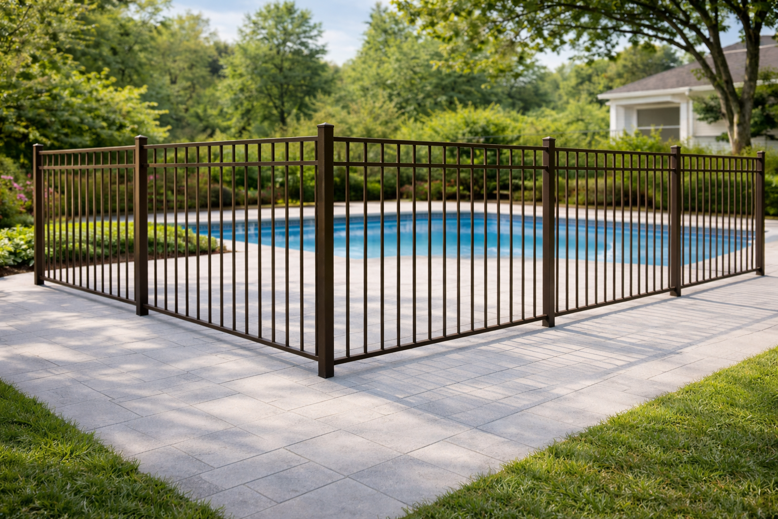 Three-rail flat-top aluminum fence with uniform pickets for clean residential or pool boundaries
