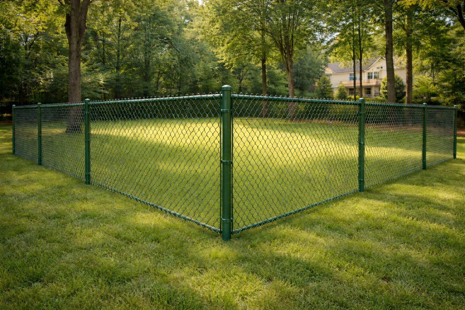 Green vinyl-coated chain link fence that blends with landscaping for residential yard use