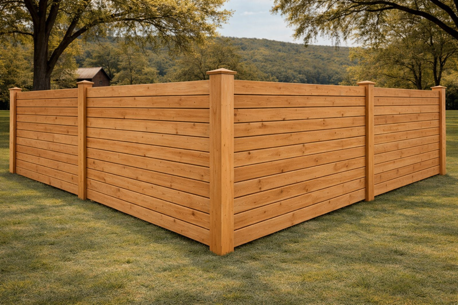 Horizontal board wood fence with clean modern lines and even board spacing