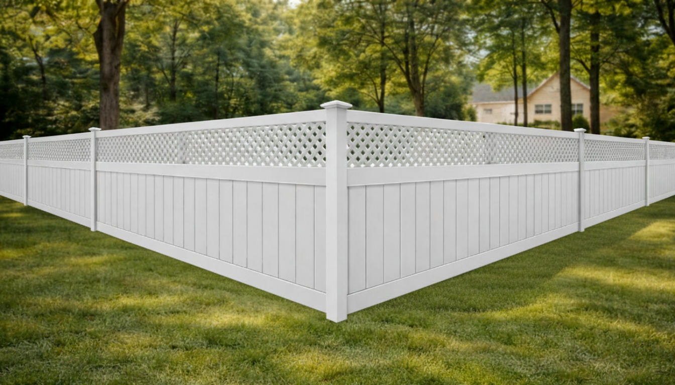 Vinyl fence with decorative lattice-top panel for a garden or patio privacy boundary