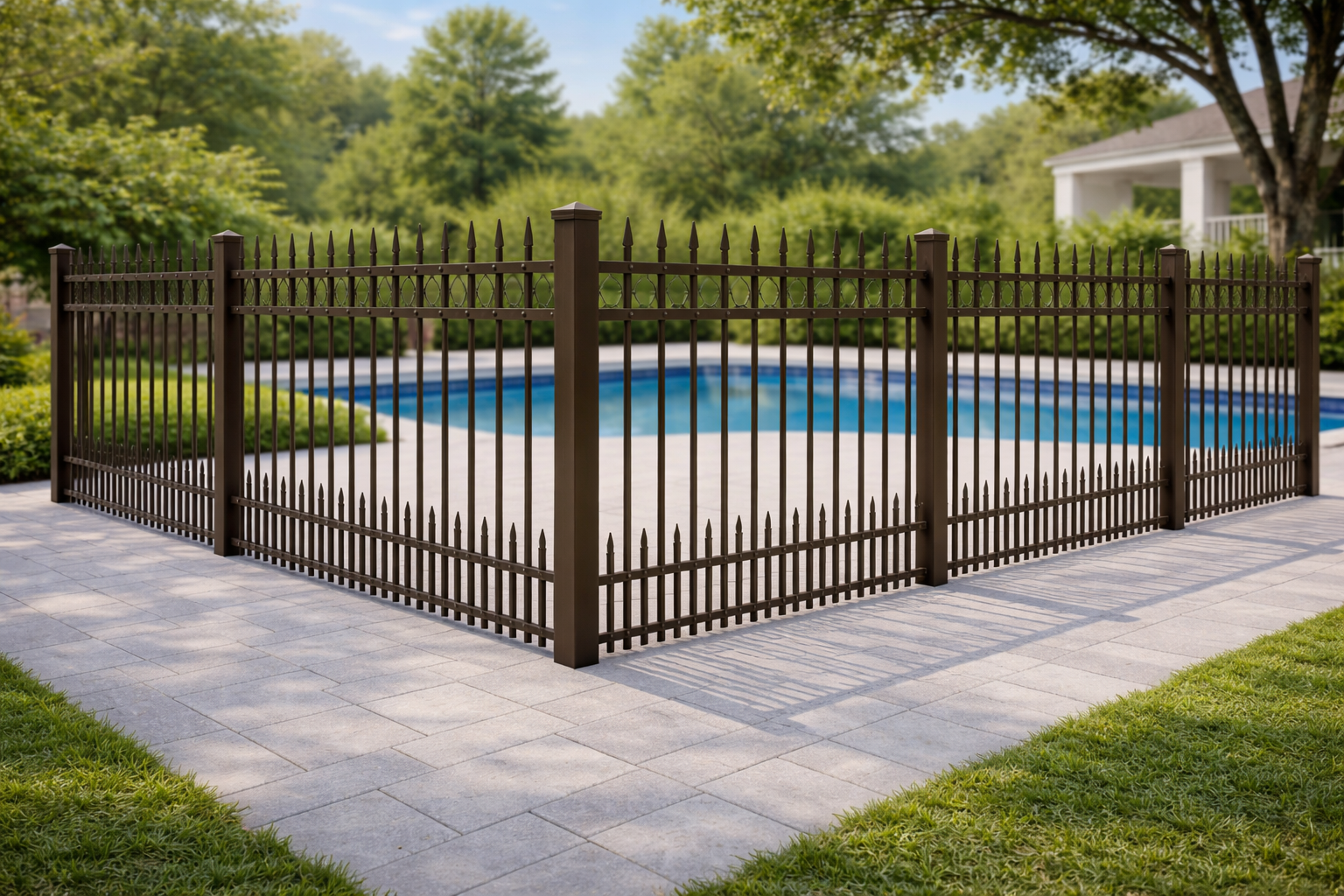 Aluminum fence with puppy-picket spacing to safely contain small dogs in residential yards
