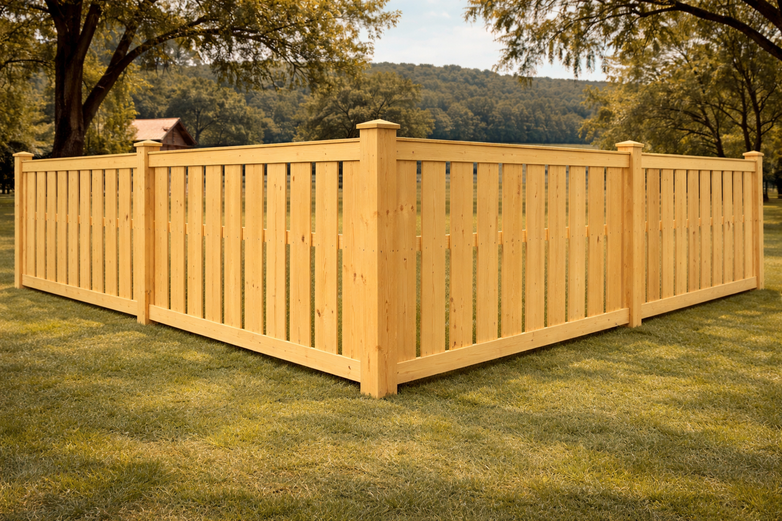 Semi-privacy wood fence with cap-and-trim rail and spaced pickets for partial visibility