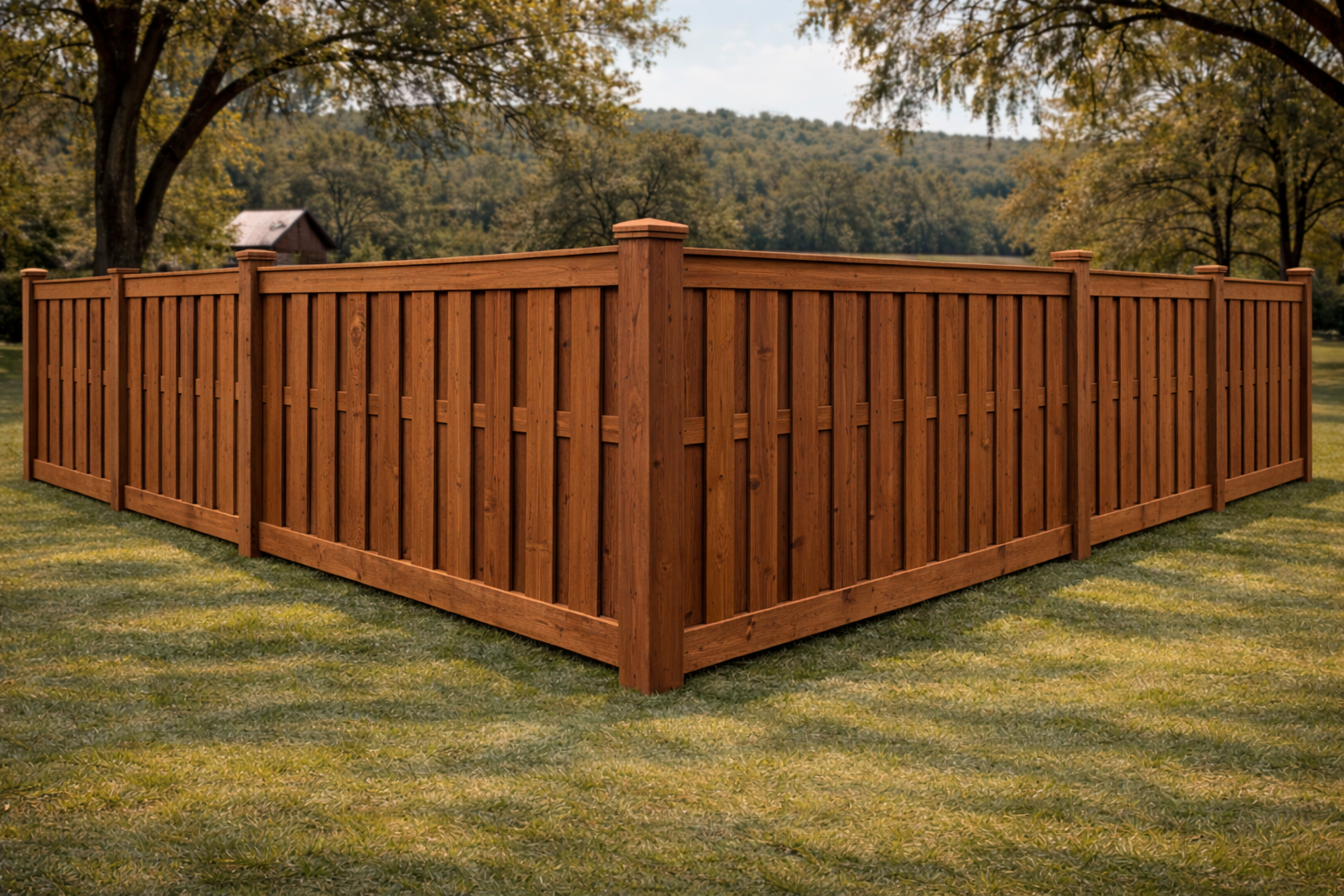 Shadowbox wood fence with alternating pickets on both rail sides for privacy and airflow