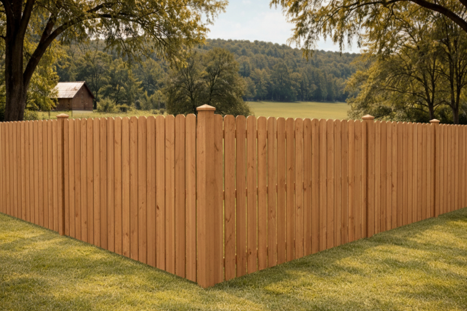 Stockade-style wood privacy fence with uniform pointed pickets providing full backyard privacy